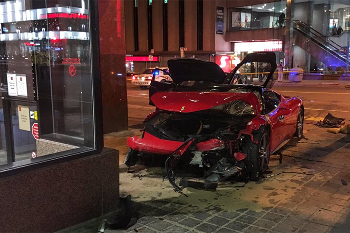 A Ferrari smashed into a CIBC branch at Yonge Street and Eglinton Avenue late Saturday night.