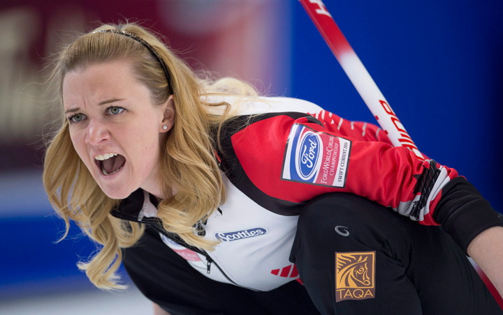 Team Canada's Chelsea Carey calls a shot during the 16th draw against Japan at the women's world curling championship in Swift Current, Sask., on Thursday, March 24, 2016.