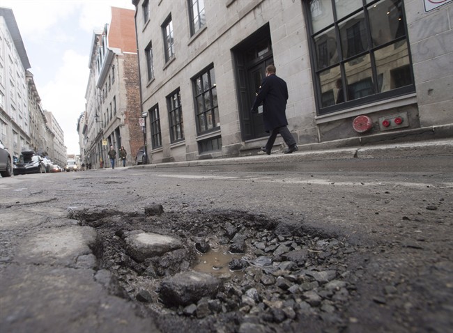 A pothole in downtown Montreal.