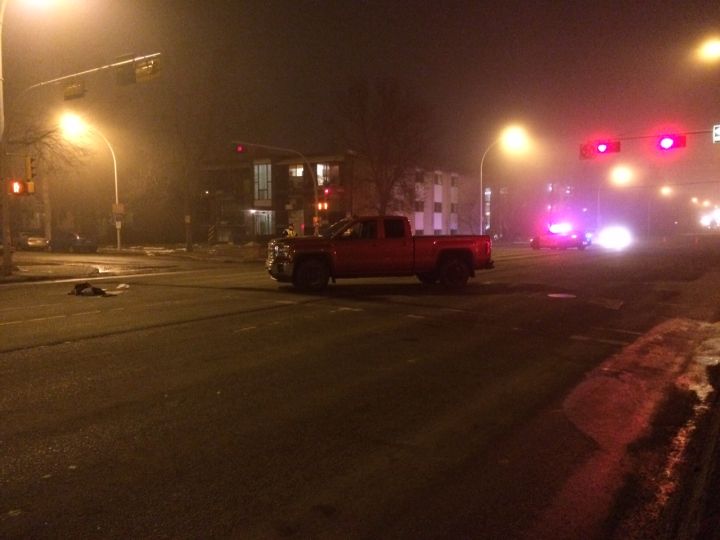 Police investigate after a pedestrian was struck by a vehicle in west Edmonton Tuesday night.