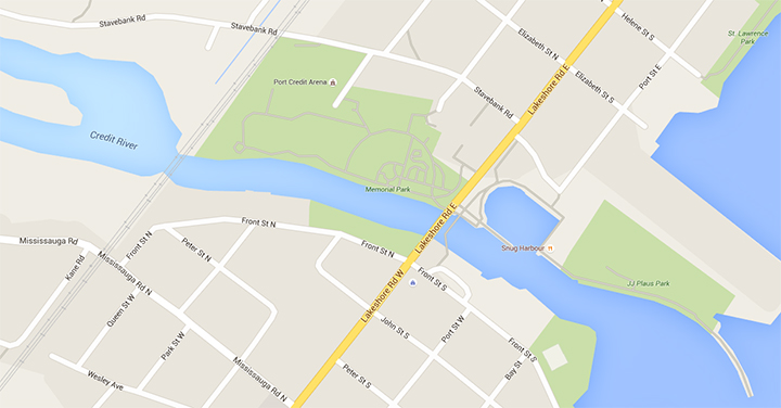 Image of the area where a vehicle plunged into the Credit River on March 21, 2016 (Google Maps).