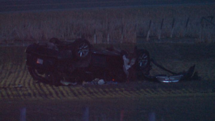 RCMP investigate a crash on Highway 552 near De Winton, Alta. on March 14, 2016.
