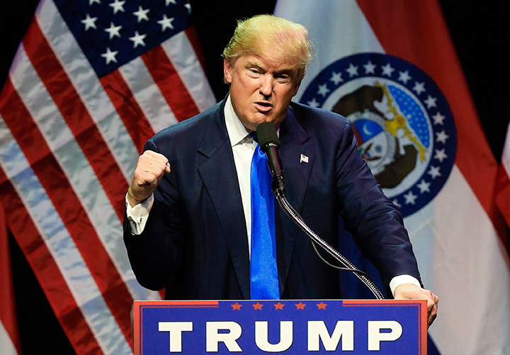 Republican presidential candidate Donald Trump speaks at a rally in Kansas City, Mo., Saturday, March 12, 2016.