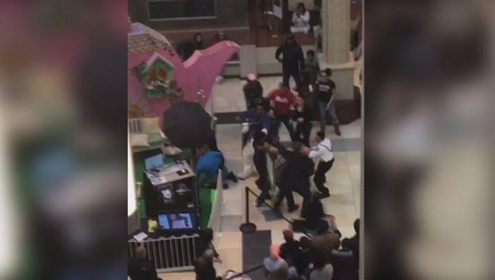 A brawl between a mall Easter bunny and a customer's father was caught on camera.