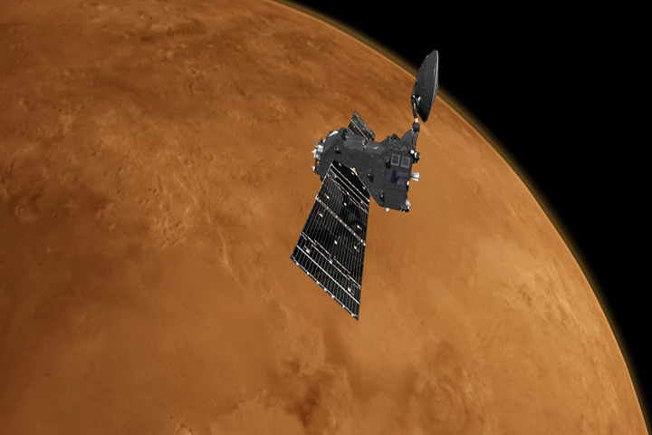 Artist's impression of the ExoMars 2016 Trace Gas Orbiter at Mars.