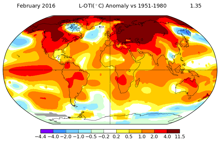 Goddard Institute for Space Studies' Surface Temperature Analysis illustrates the temperature anomalies across the globe.