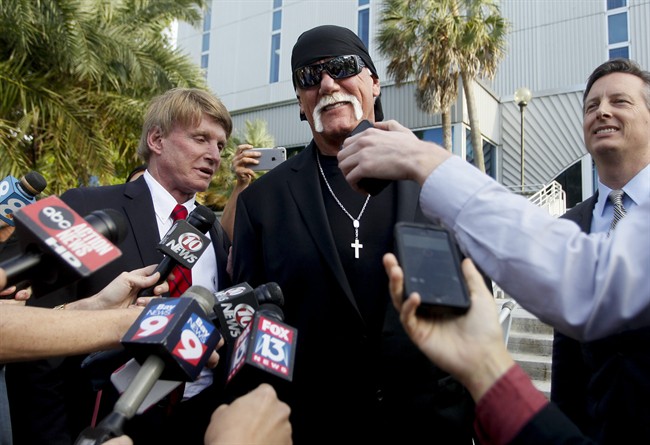 Hulk Hogan, whose given name is Terry Bollea, speaks to the media after a jury returned its decision Monday, March 21, 2016, in St. Petersburg, Fla. 