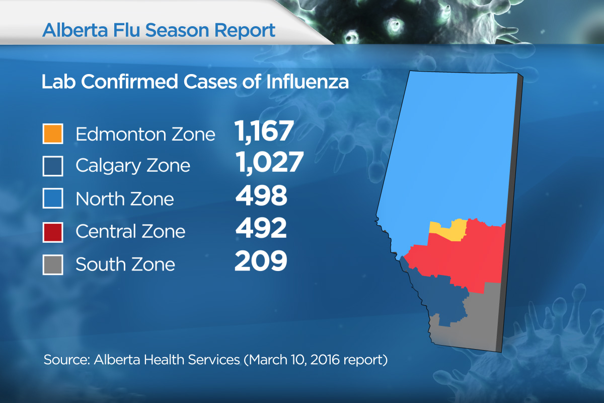 The number of confirmed flu cases across Alberta as of Thursday March 10, 2016.