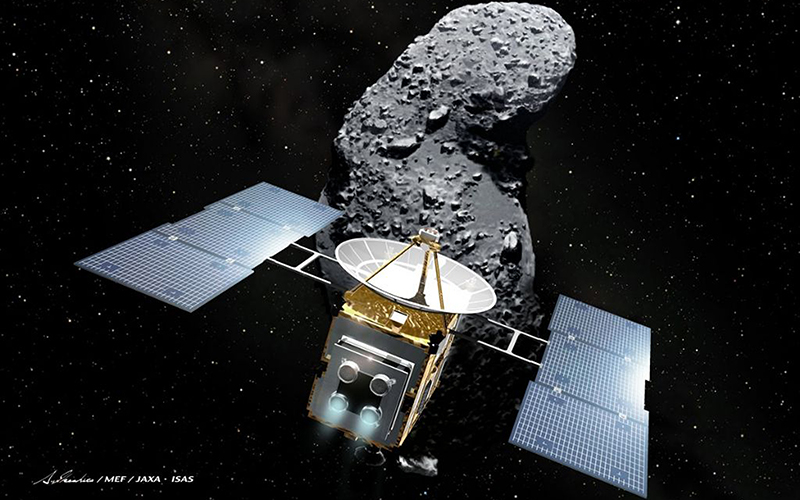 An asteroid and space probe, illustrated by Akihiro Ikeshita. 