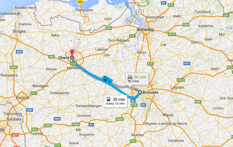 Ghent is about one hour drive away from Brussels.