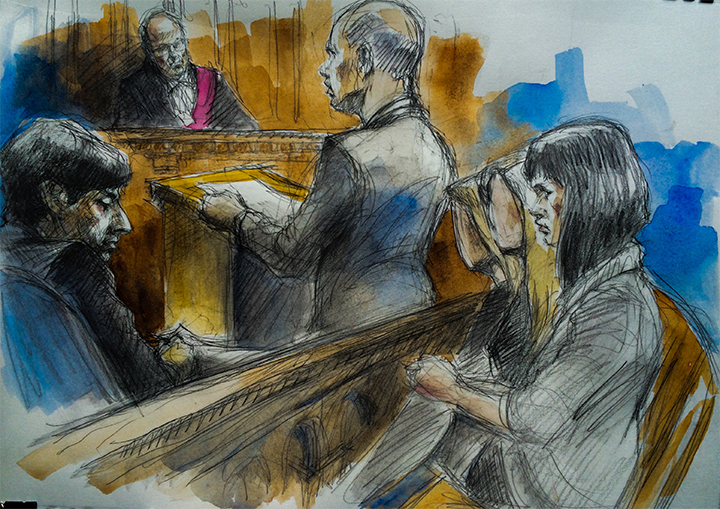 Jian Ghomeshi (left), Justice William B. Horkins (top), Crown lawyer Michael Callaghan (middle) and the three complainants are seen in an Old City Hall courtroom on Feb. 11, 2016.