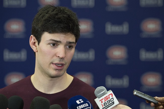Montreal Canadiens goaltender Carey Price speaks to the media following a workout in full equipment at the team's practice facility in Brossard, Que., Thursday, March 3, 2016. Price has been injured since November 25, 2015 with what the team describes as a lower body injury and has also been selected to play for Team Canada in the upcoming World Cup of Hockey.