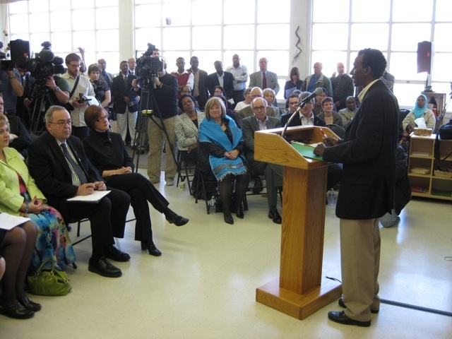 The Somali-Canadian Cultural Society of Edmonton speaking at a safe community innovation grant announcement in 2010. 