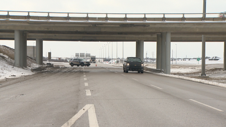 Overpass at Highway 11 and Circle Drive damaged after a cultivator being hauled by a semi hit the structure.