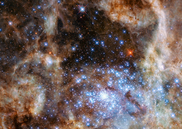 This Hubble image shows the central region of the Tarantula Nebula in the Large Magellanic Cloud. The cluster of blue stars contain the most massive star found in the universe thus far.