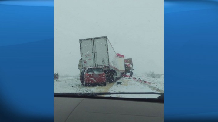 Saskatoon RCMP want drivers to slow down when encountering icy and wet conditions, like what was seen near Plunkett where two semi-trucks collided Monday.