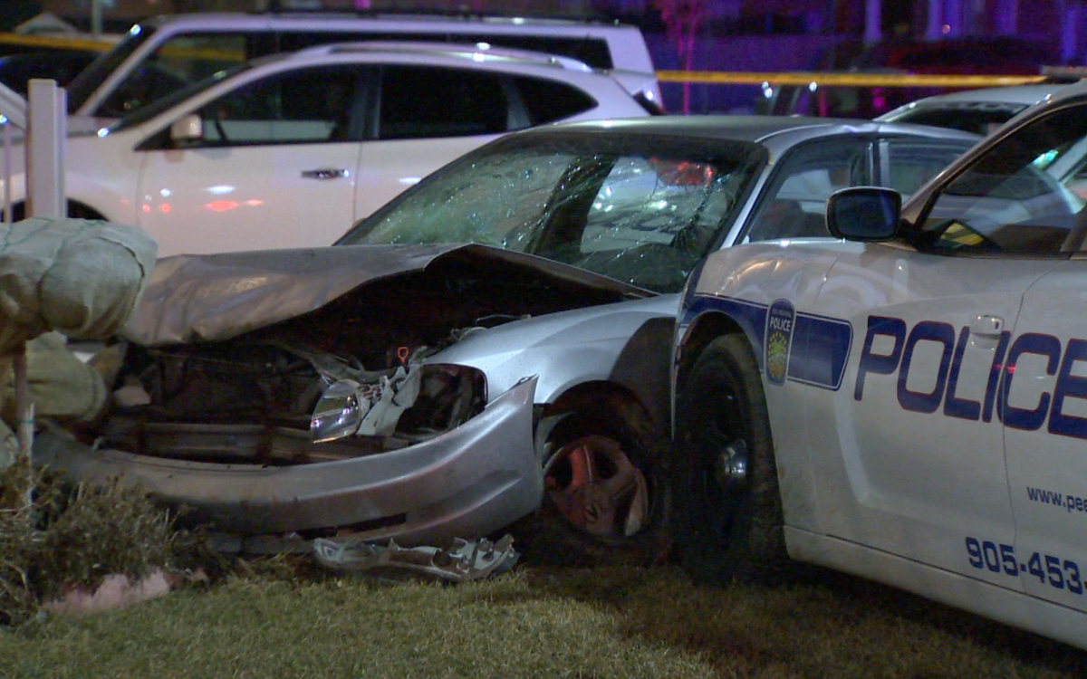 Two police cruiser and a stolen vehicle were involved in a crash in Mississauga on March 7, 2016.