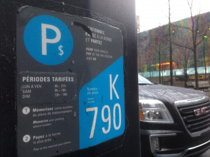 Parking rates are $3/hour in the downtown Montreal area, Wednesday, March 16, 2016.