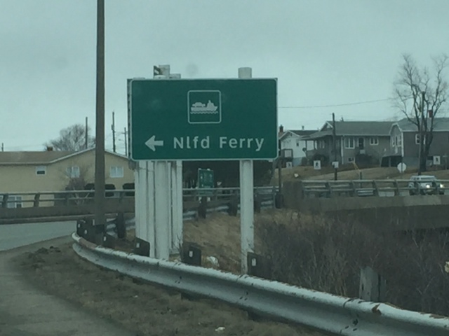 A road sign in North Sydney, Nova Scotia, directs drivers to the "Nlfd" ferry. 