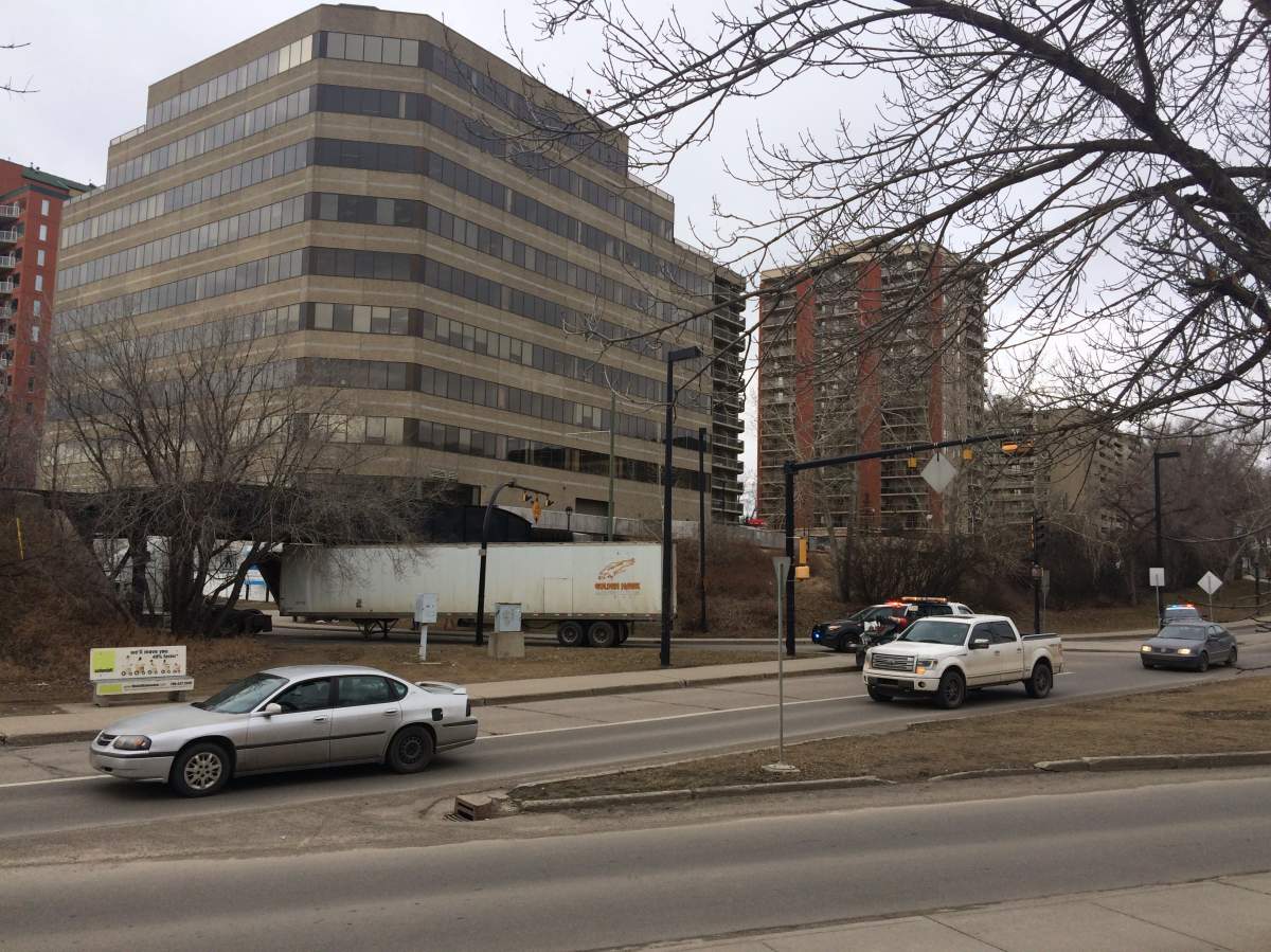 Semi stuck under rail overpass along 98 Avenue in Edmonton.