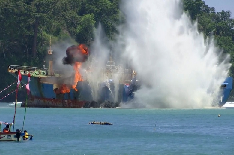 In this image made from video, illegal fishing vessel Viking which was seized by Indonesia’s Navy is sunk in the waters off Pangandaran, West Java, Indonesia, Monday, March 14, 2016. 