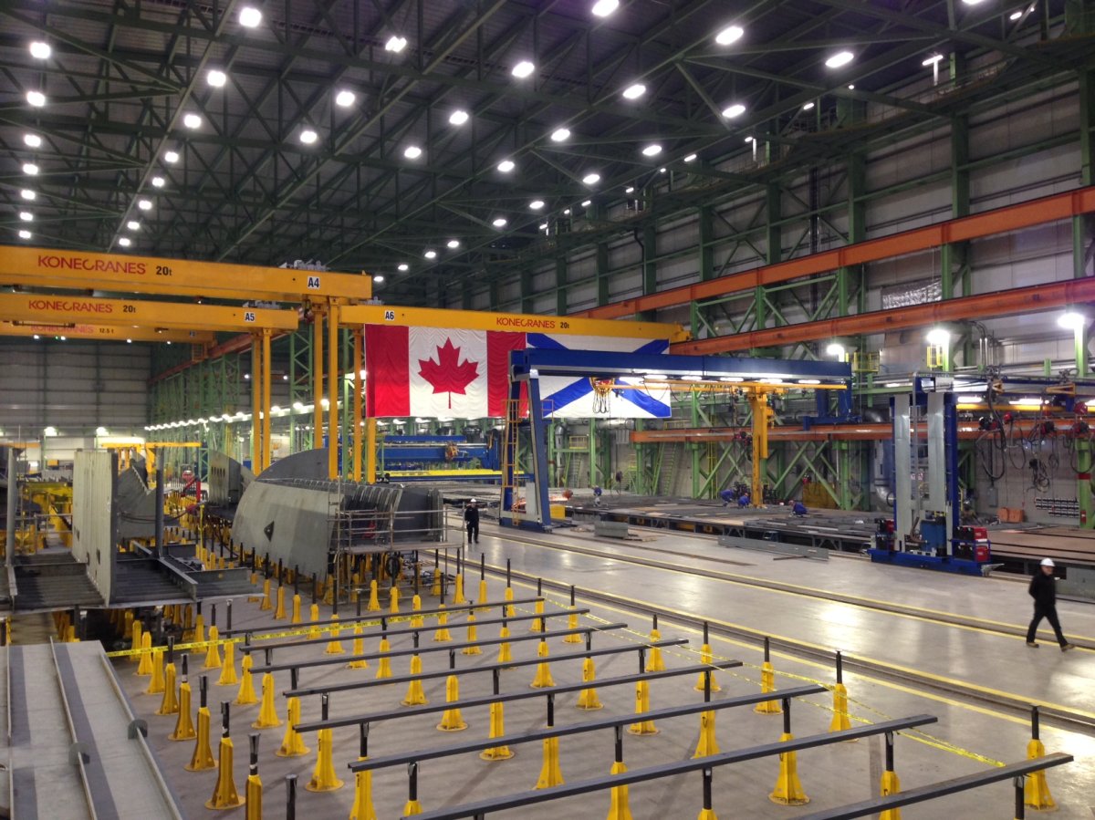 The 6,400-tonne ships are being built like giant lego projects inside the cavernous assembly hall, which the company says is the largest covered shipbuilding facility in North America.