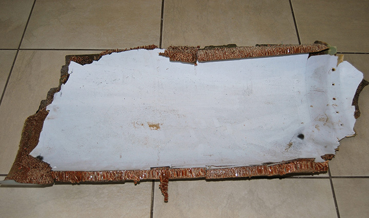 A piece of debris bearing rivet holes and identification marks which may be part of the missing Malaysia Airlines Flight MH370, is pictured in Wartburg, 37km out of Pietermaritzburg, South Africa, Wednesday, March 9, 2016.