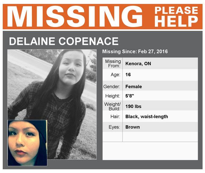 Delaine Copenace, 16, was last seen the evening of Feb. 27 in downtown Kenora.
