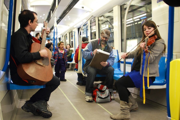 Musicians play live music on the AZUR Metro train in Montreal, Que., Feb. 6, 2016.