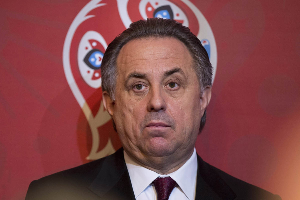 Russian Sports Minister Vitaly Mutko speaks during a ceremony marking a start of 500 days countdown to the FIFA Confederations Cup in Moscow, Russia, Wednesday, Feb.  3, 2016. 