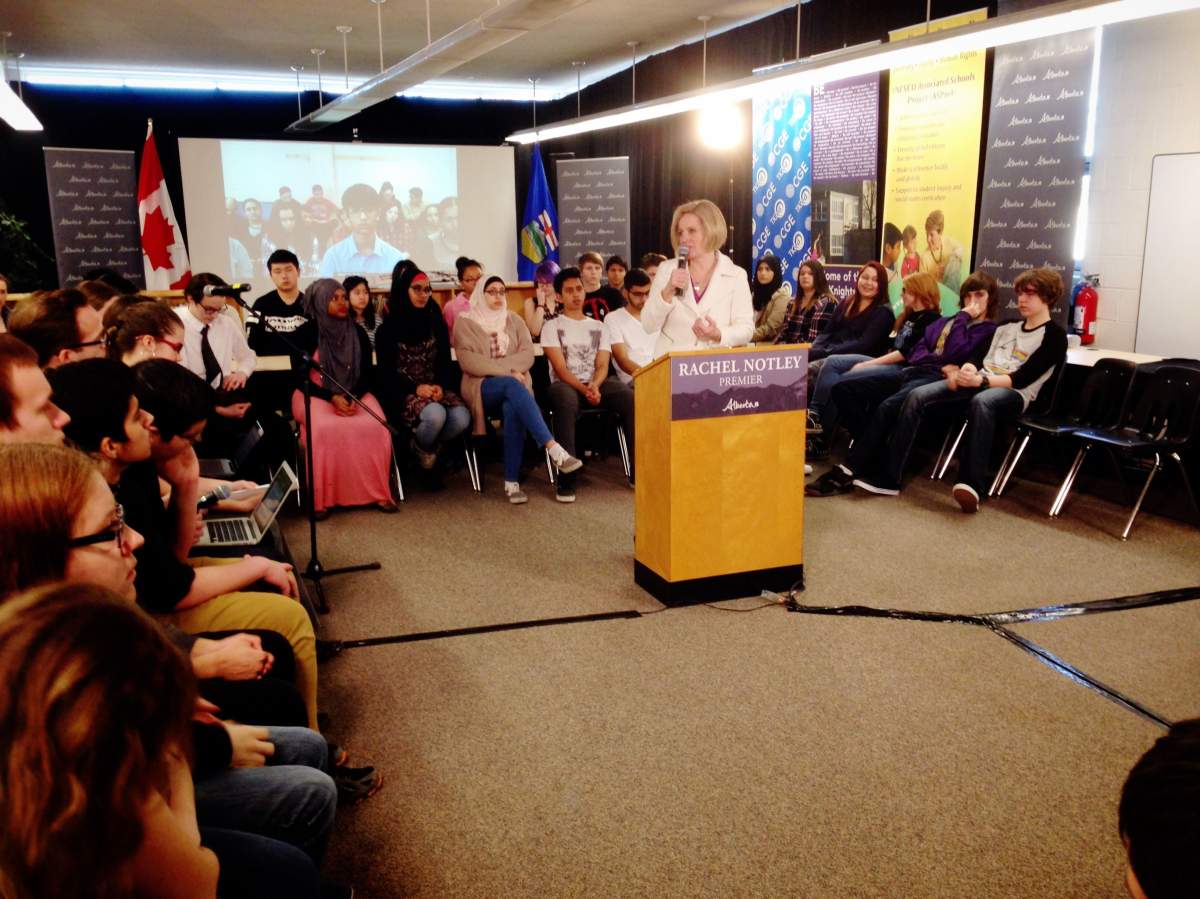 Alberta Premier Rachel Notley holds a virtual town hall with students to discuss the climate, Wednesday, March 16, 2016. 