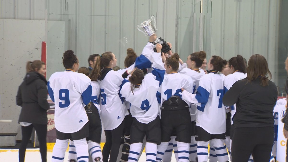 The Jeanne Sauve Olympiens celebrate after capturing the WWHSHL "A" Division championship.
