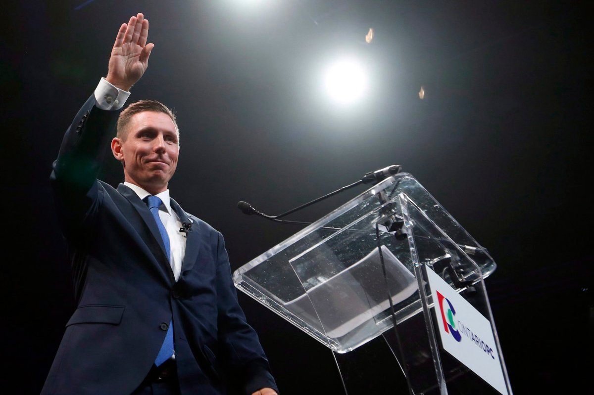 Ontario Progressive Conservative Leader Patrick Brown waves after delivering a speech at the Ontario Progressive Conservative convention in Ottawa, Saturday , March 5, 2016. 