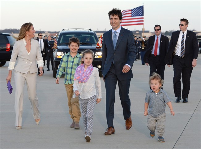 Prime Minister Justin Trudeau arrives for a state visit in Washington, D.C., with his wife Sophie Gregoire-Trudeau, left, and their children Xavier James, Ella-Grace and Hadrian, right, on Wednesday, March 9, 2016. 