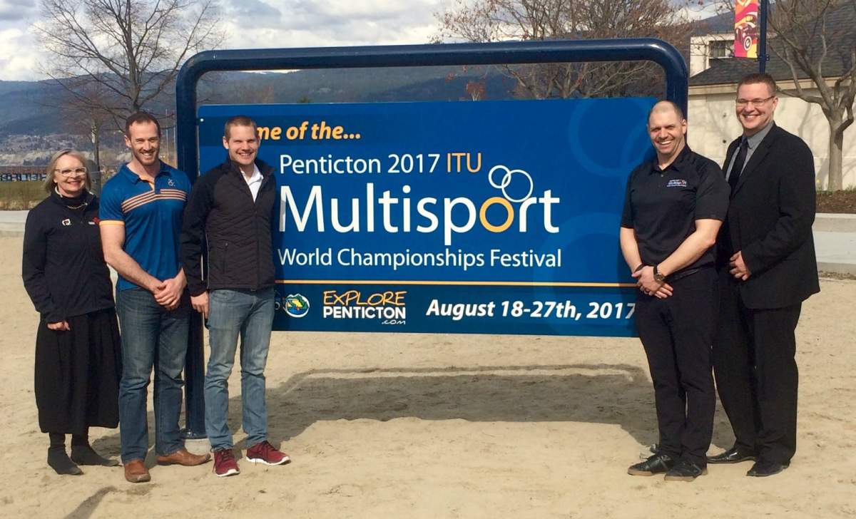 (L-R) Sheila O'Kelly (Board Member, Triathlon Canada), Brian Mahony (Director Global Projects, International Triathlon Union), Jeff Symonds (Penticton-raised professional triathlete), Michael Brown (Executive Director, Penticton 2017) and Mayor Andrew Jakubeit (City of Penticton).