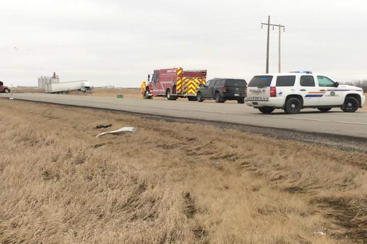A driver of a pickup truck sustained serious injuries and a driver of a semi was taken to hospital with non-life threatening injuries after a collision west of Pilot Butte, Sask.