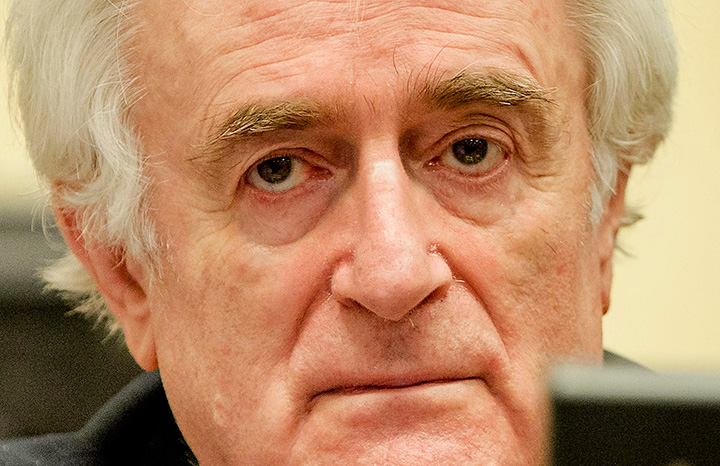 Bosnian Serb wartime leader Radovan Karadzic in court for the reading of his verdict at the International Criminal Tribunal for Former Yugoslavia  in The Hague, The Netherlands Thursday March 24, 2016. 