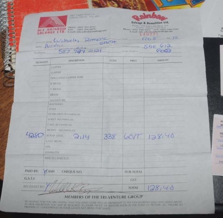 Receipt for sale of Will Rempel’s truck found to Rainbow Salvage in Airdrie.