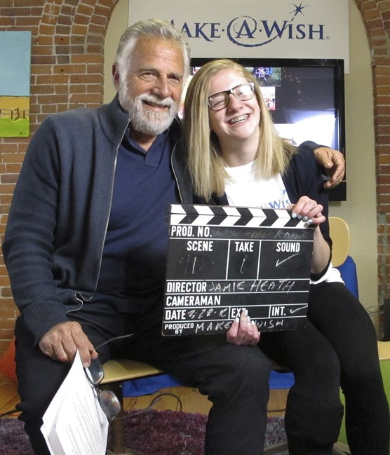 Jonathan Goldsmith, left, works on a public service announcement with Jamie Heath of Barre, Vt., Monday, March 28, 2016, at the Make-A-Wish Vermont office in Burlington, Vt. 