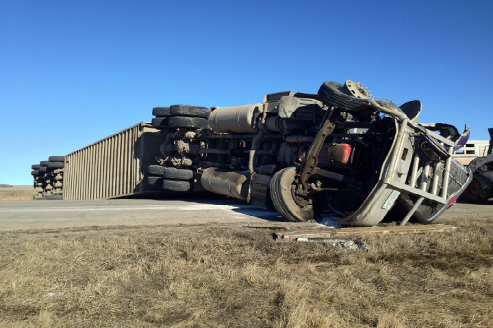 An overturned semi is blocking the southbound lanes of Highway 11 following a collision. 