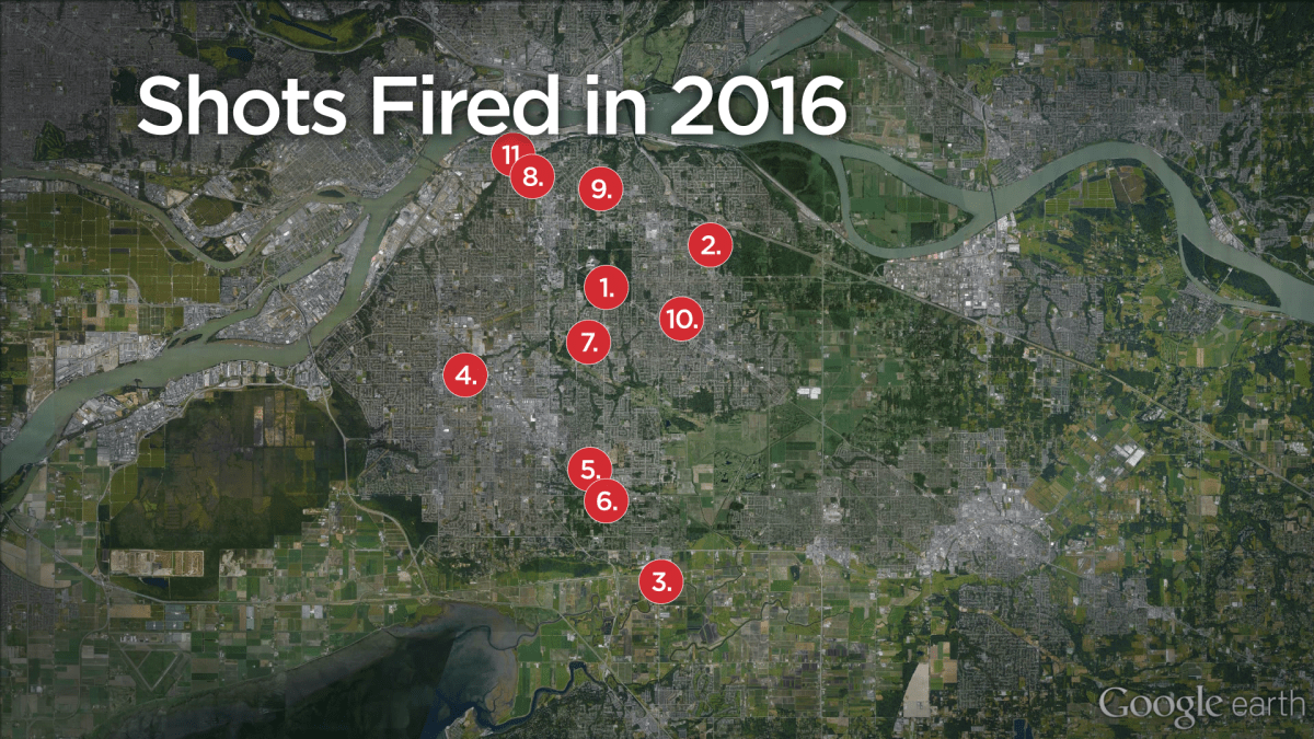 A map showing the locations of the shootings in Surrey in 2016.