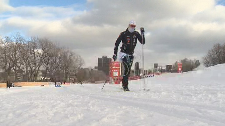 Skiers finished near the George-Etienne Cartier Memorial, Wednesday, March 2, 2016.