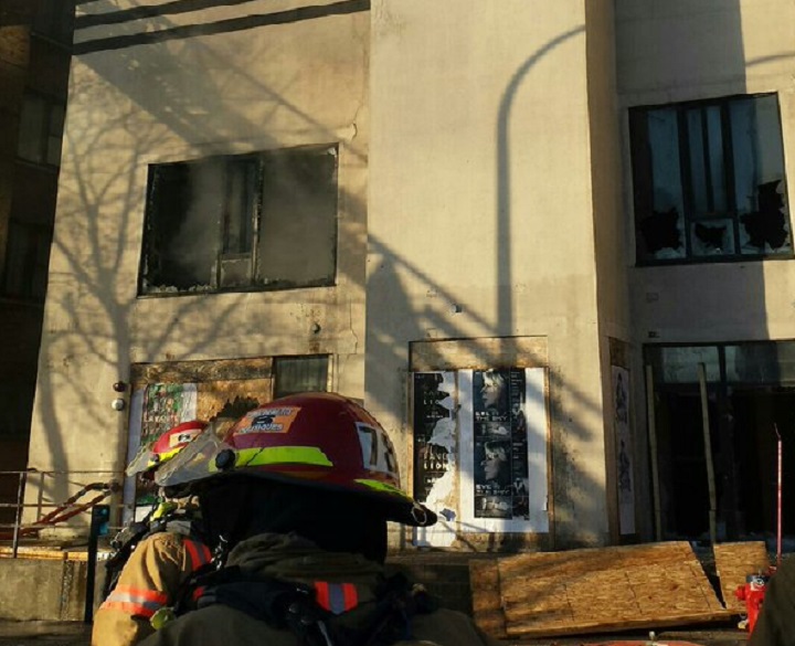 Montreal firefighters  were called to the Snowdon Theatre Saturday afternoon after a fire broke out on the second floor of the three-story building. Saturday, March 26, 2016.