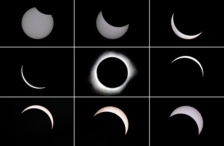 This photo combo shows the moon passing in front of the sun during a total solar eclipse in the city of Ternate, in Indonesia’s Maluku Islands, on March 9, 2016.