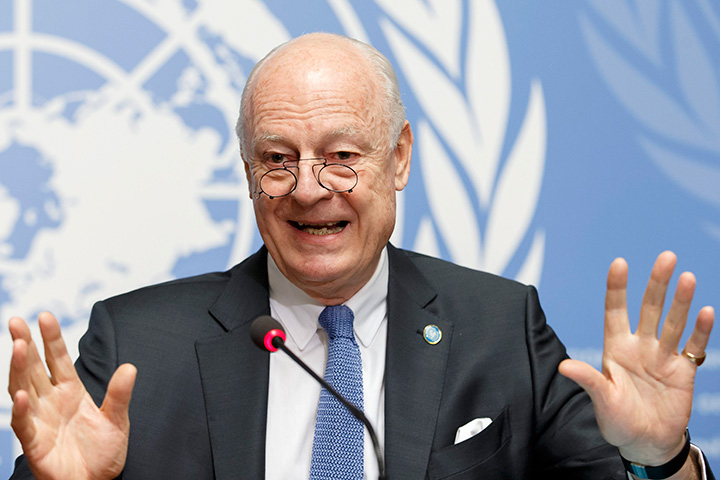 UN Special Envoy of the Secretary-General for Syria, Staffan de Mistura , informs the media at the European headquarters of the United Nations in Geneva, Switzerland, Monday, March 14, 2016.  