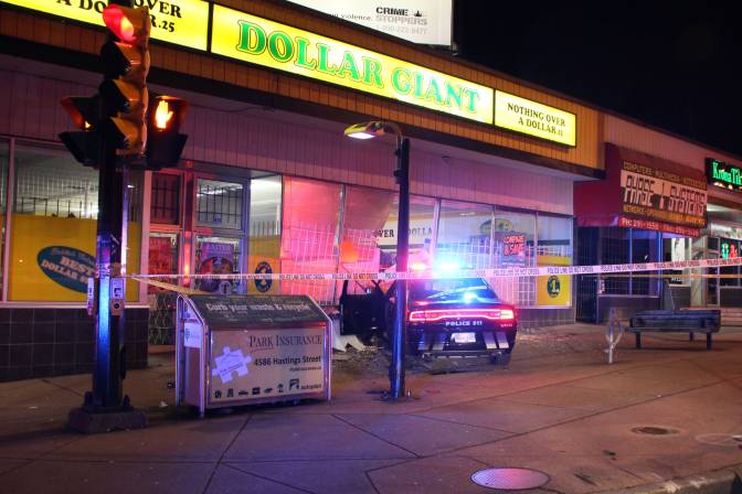 A stolen police cruiser crasehs into a Dollar Giant store in Burnaby on  March 11, 2016. 