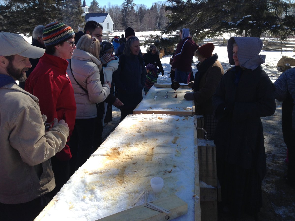 People line up to taste maple syrup candy at Kings Landing.
