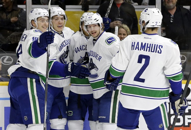 File photo. Canucks center Bo Horvat scored a power-play goal for the Canucks, who lost 5-3 to the San Jose Sharks on Saturday.