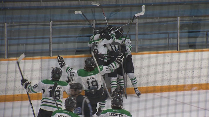 The Vincent Massey Trojans celebrate their 2-1 overtime win against the Oak Park Raiders in the MHSAA AAAA semifinals.