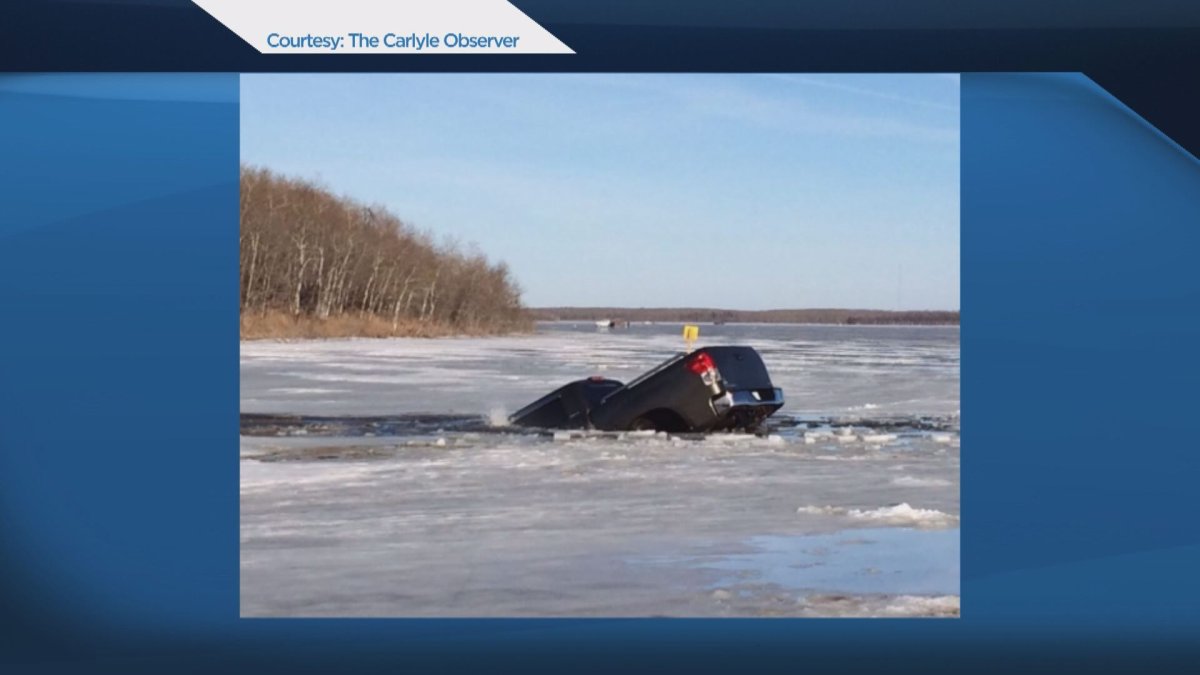 This truck sank in Kenosee Lake on Sunday afternoon. 